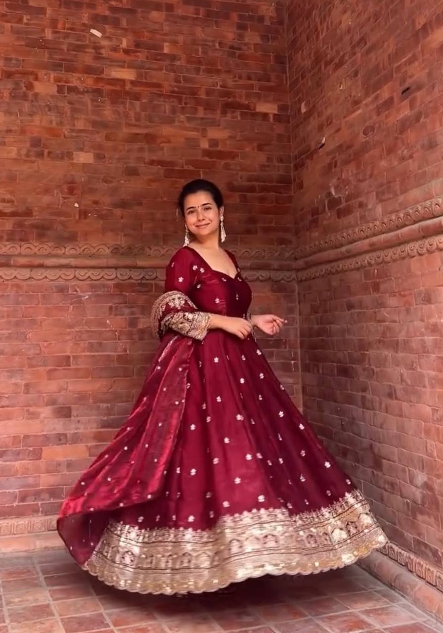 Aleeza Maroon Zari Dori Anarkali Gown Set