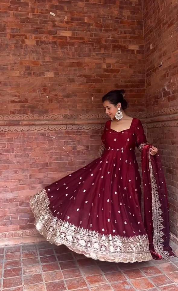 Aleeza Maroon Zari Dori Anarkali Gown Set