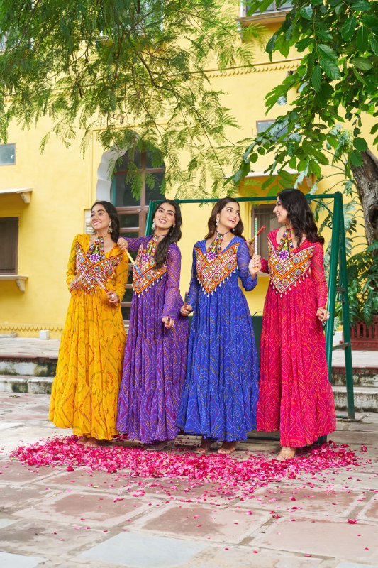 Rangriti Vibe Bandhani with Kutchi Work Navratri Gowns