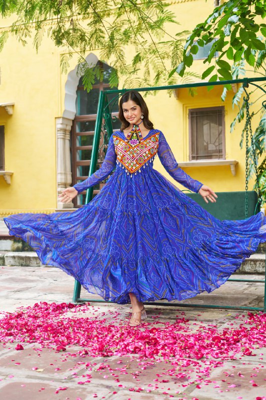 Rangriti Vibe Bandhani with Kutchi Work Navratri Gowns