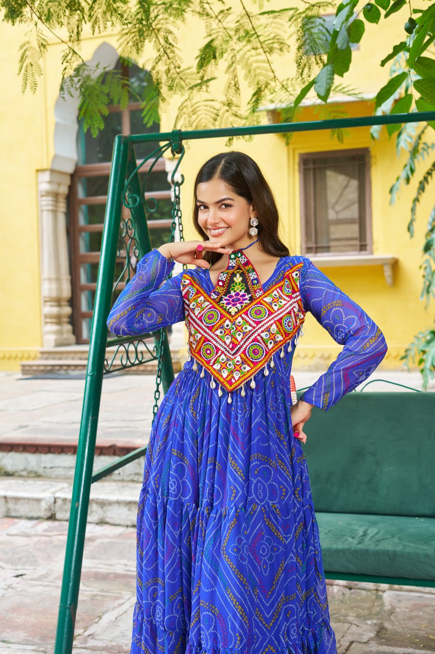 Rangriti Vibe Bandhani with Kutchi Work Navratri Gowns