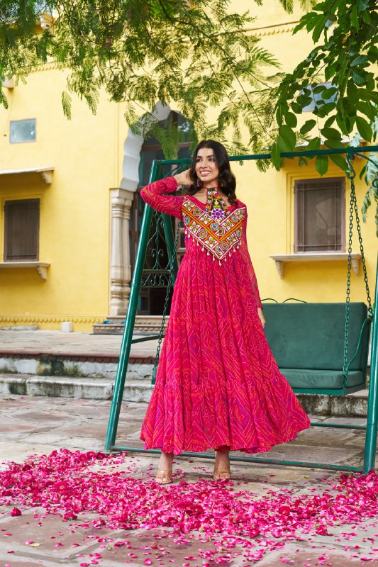 Rangriti Vibe Bandhani with Kutchi Work Navratri Gowns
