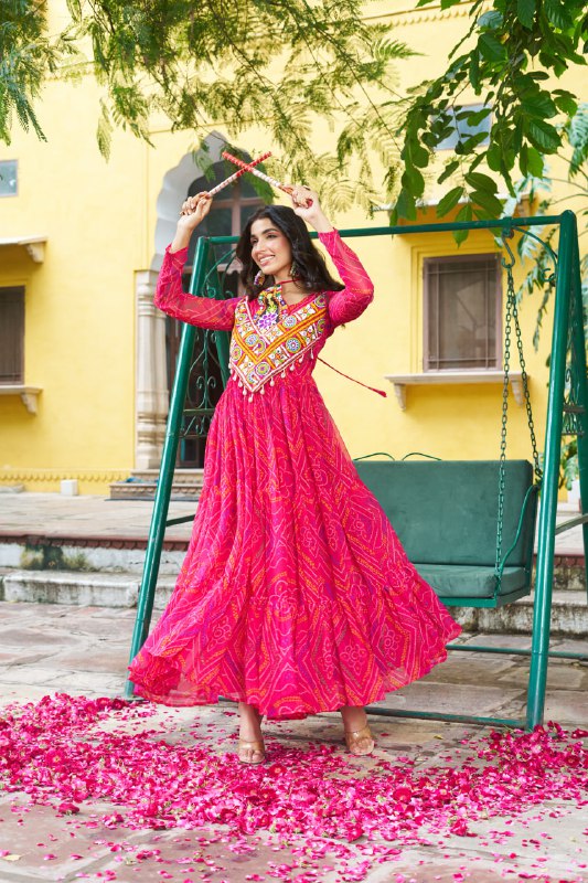 Rangriti Vibe Bandhani with Kutchi Work Navratri Gowns