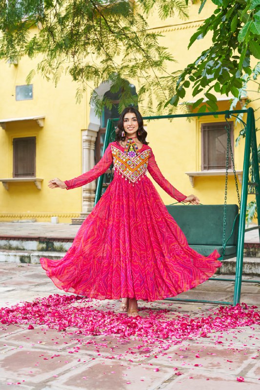Rangriti Vibe Bandhani with Kutchi Work Navratri Gowns