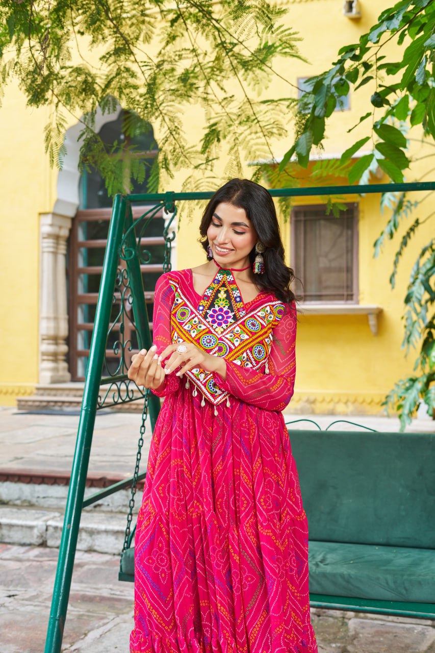 Rangriti Vibe Bandhani with Kutchi Work Navratri Gowns