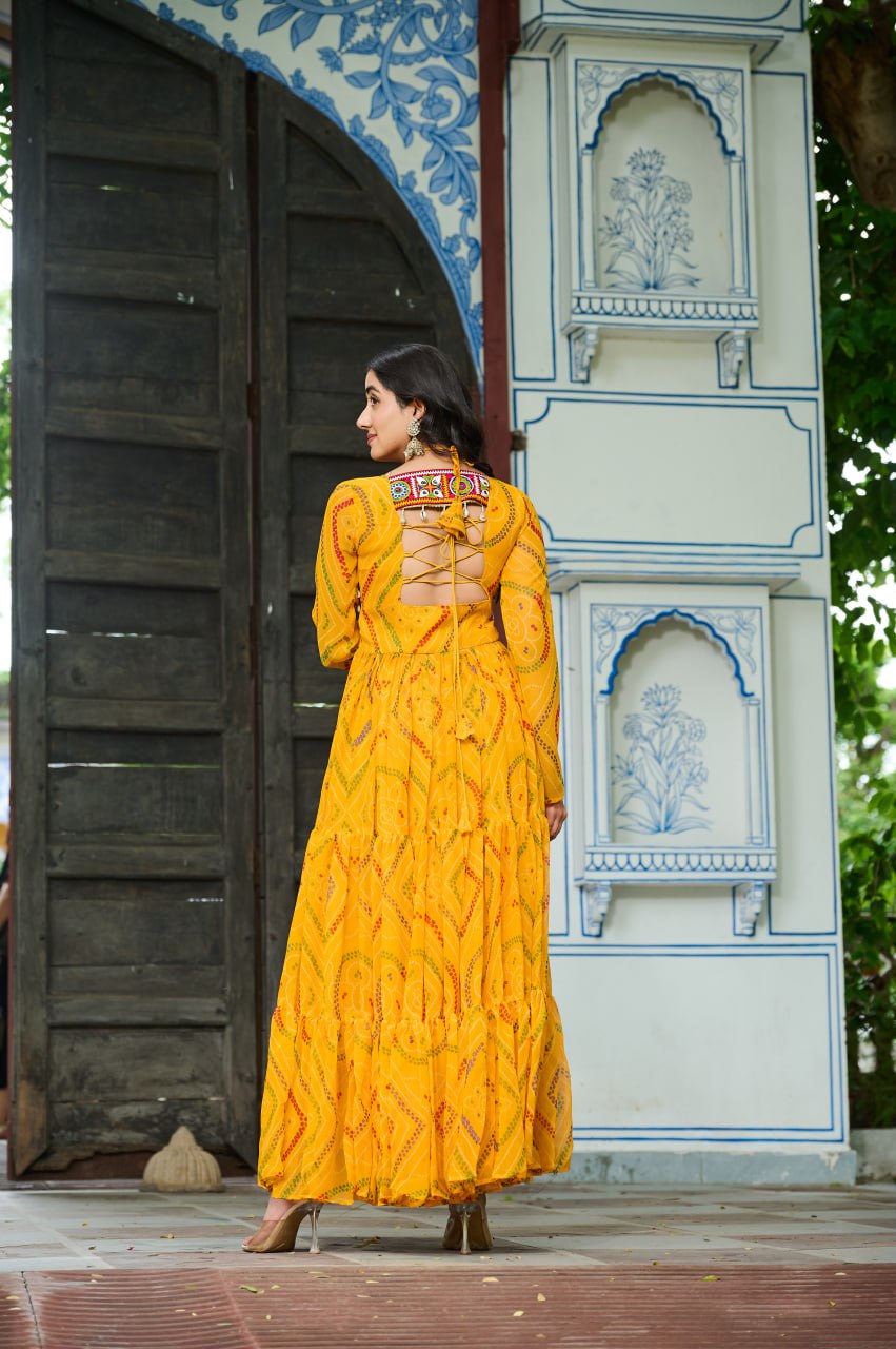 Rangriti Vibe Bandhani with Kutchi Work Navratri Gowns