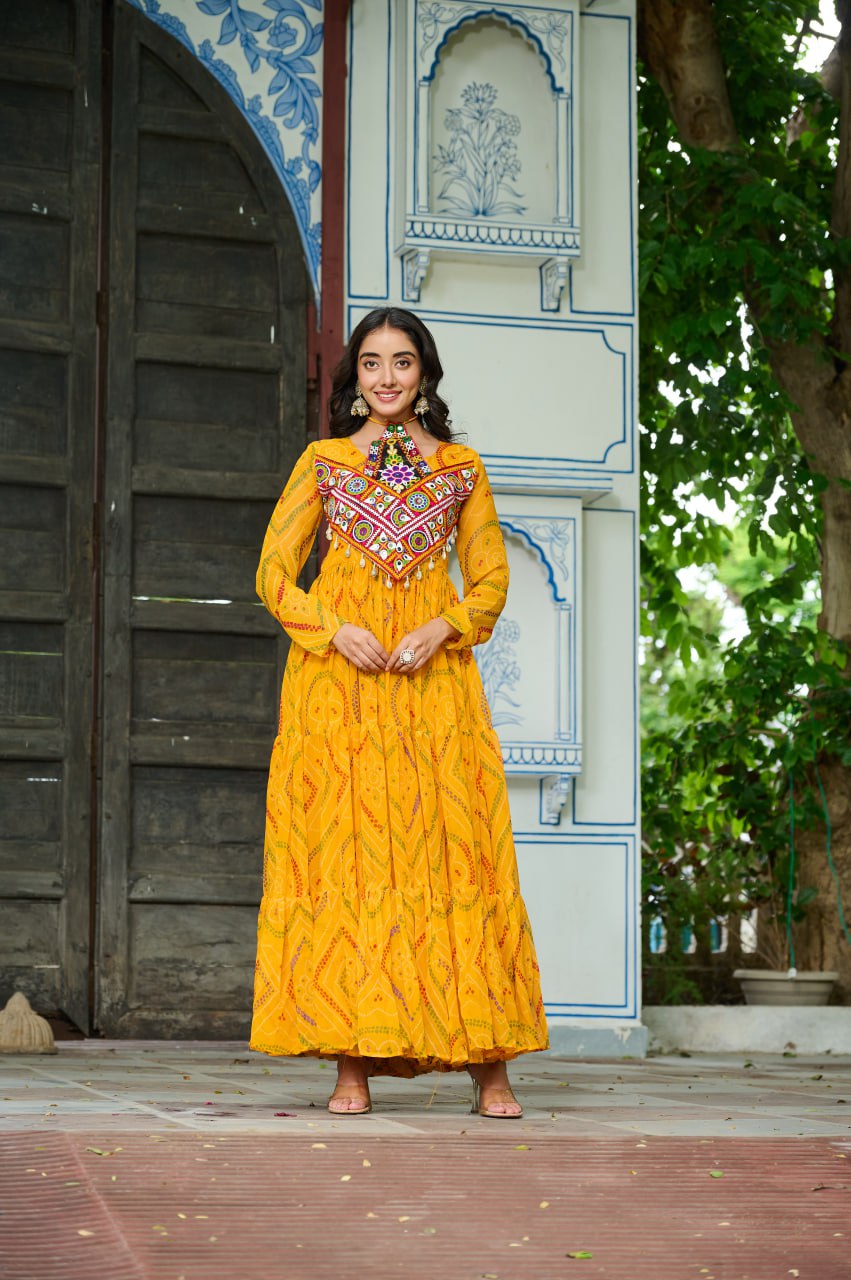 Rangriti Vibe Bandhani with Kutchi Work Navratri Gowns
