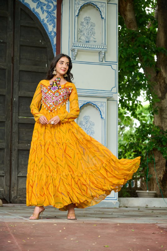 Rangriti Vibe Bandhani with Kutchi Work Navratri Gowns