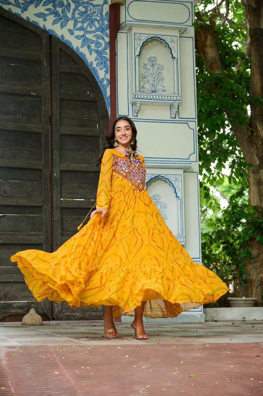 Rangriti Vibe Bandhani with Kutchi Work Navratri Gowns