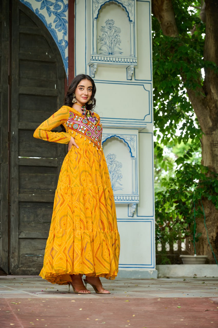Rangriti Vibe Bandhani with Kutchi Work Navratri Gowns