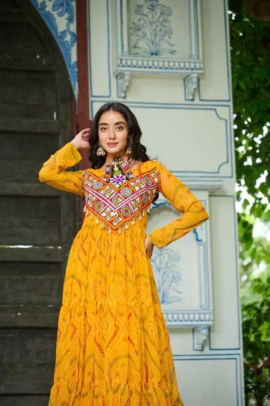 Rangriti Vibe Bandhani with Kutchi Work Navratri Gowns