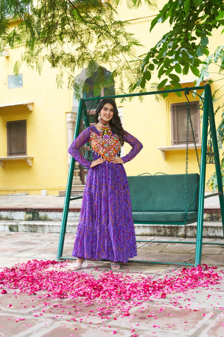 Rangriti Vibe Bandhani with Kutchi Work Navratri Gowns