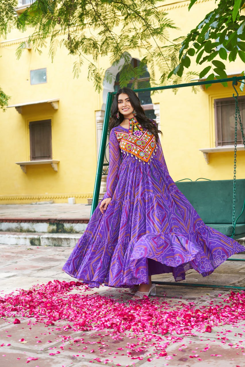 Rangriti Vibe Bandhani with Kutchi Work Navratri Gowns