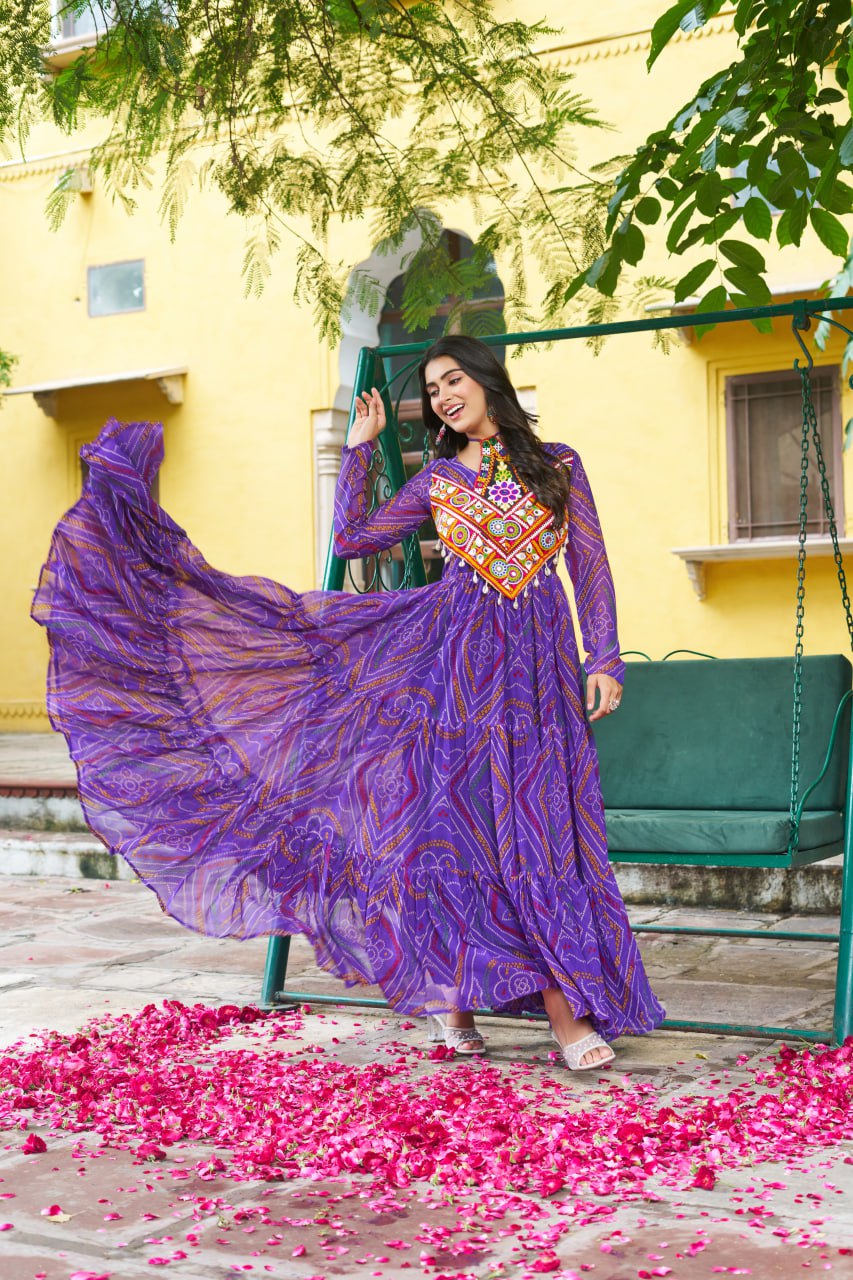 Rangriti Vibe Bandhani with Kutchi Work Navratri Gowns