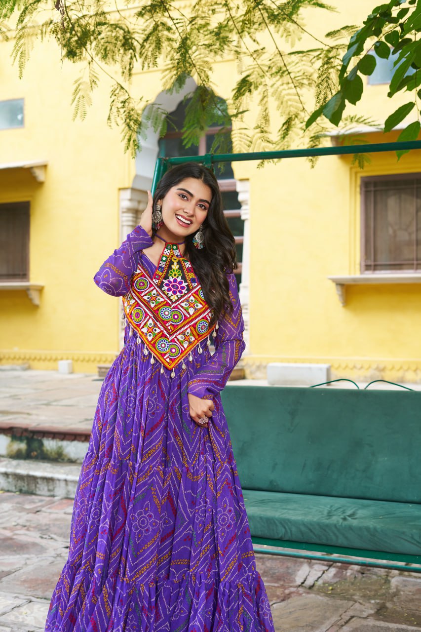 Rangriti Vibe Bandhani with Kutchi Work Navratri Gowns