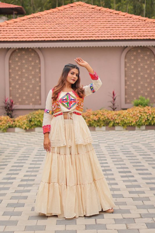 Garba Glow Cream Tiered Lehenga with Kutchi Jacket