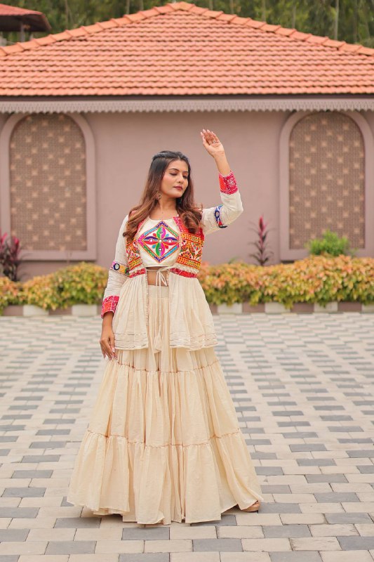 Garba Glow Cream Tiered Lehenga with Kutchi Jacket