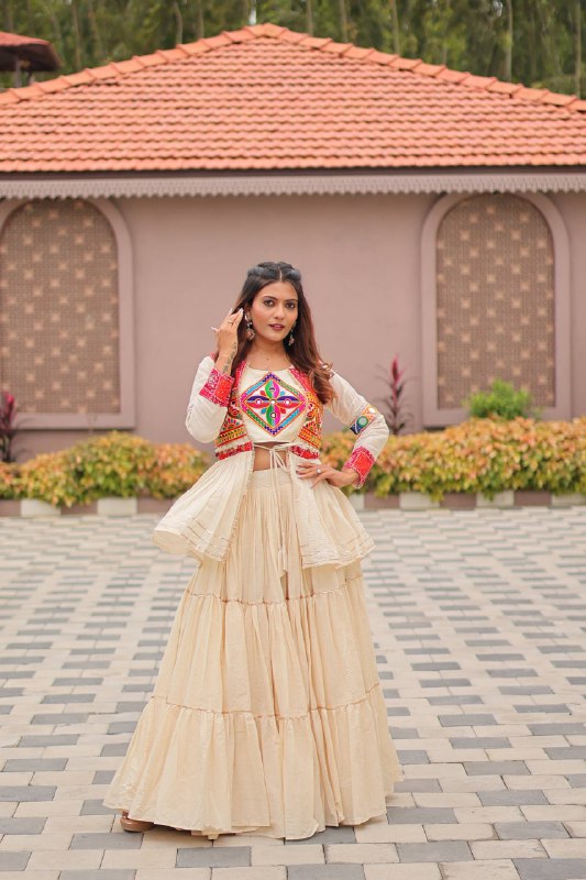 Garba Glow Cream Tiered Lehenga with Kutchi Jacket