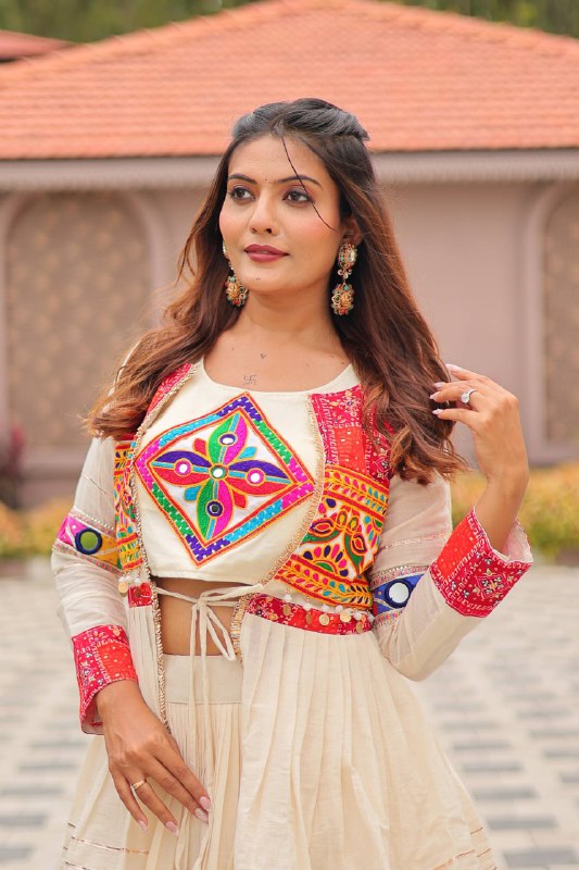 Garba Glow Cream Tiered Lehenga with Kutchi Jacket