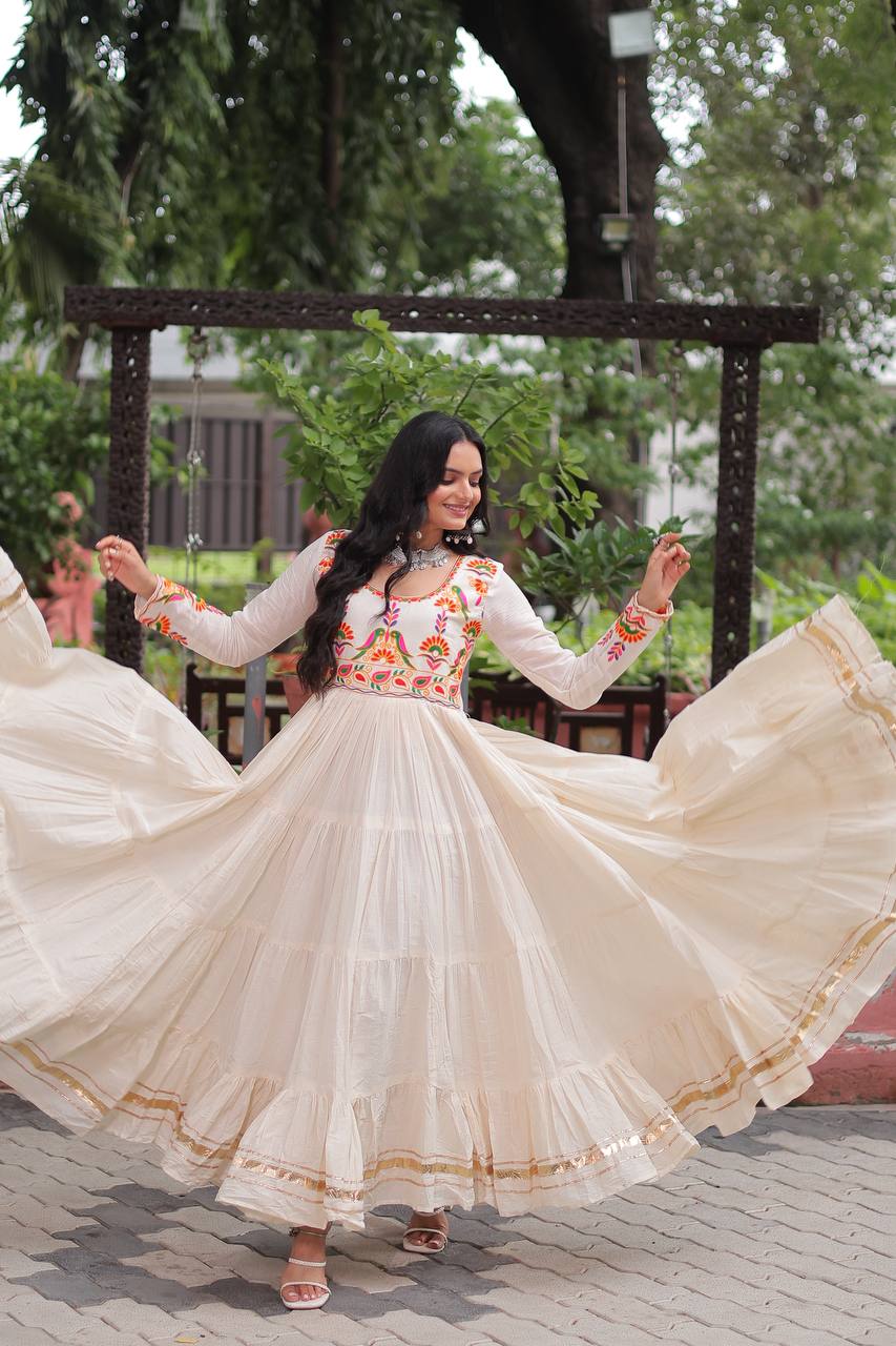 Sharvani Style Embroidered Cream With Multicolor Threadwork Gown