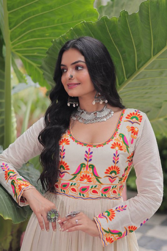 Sharvani Style Embroidered Cream With Multicolor Threadwork Gown