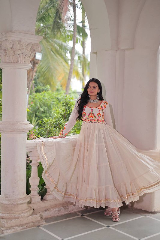Sharvani Style Embroidered Cream With Multicolor Threadwork Gown
