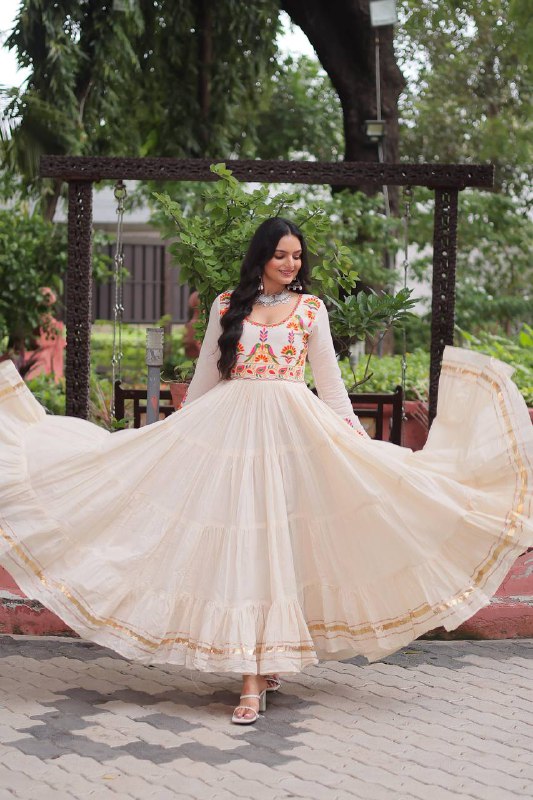 Sharvani Style Embroidered Cream With Multicolor Threadwork Gown