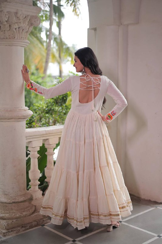 Sharvani Style Embroidered Cream With Multicolor Threadwork Gown
