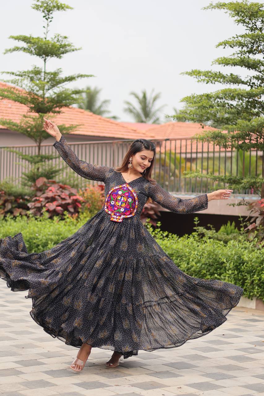 Reeva Royal Mirror Patch Bandhani Navratri Gown