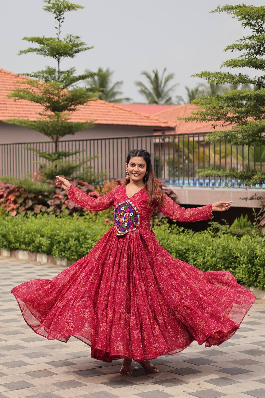 Reeva Royal Mirror Patch Bandhani Navratri Gown