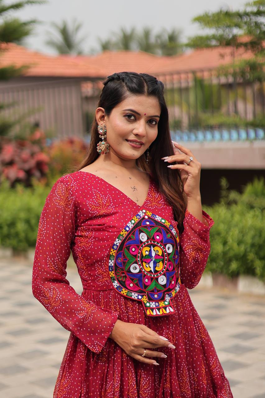 Reeva Royal Mirror Patch Bandhani Navratri Gown