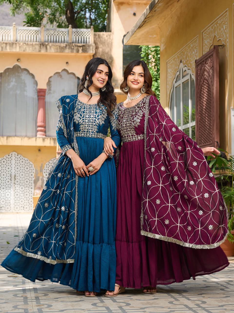 Prishaaya pure Vichitra silk Long Gown & Hevy Duptta set