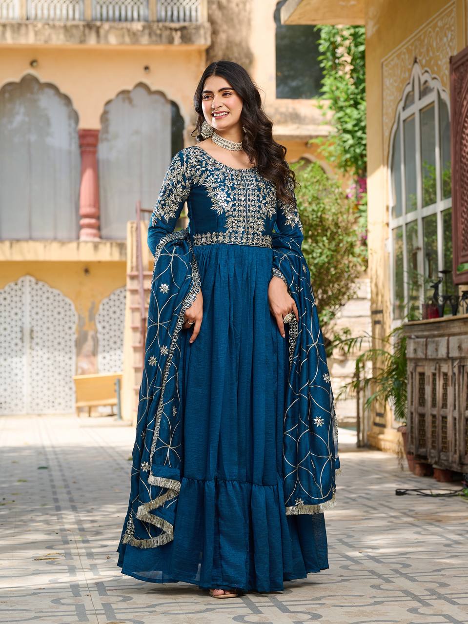 Prishaaya pure Vichitra silk Long Gown & Hevy Duptta set