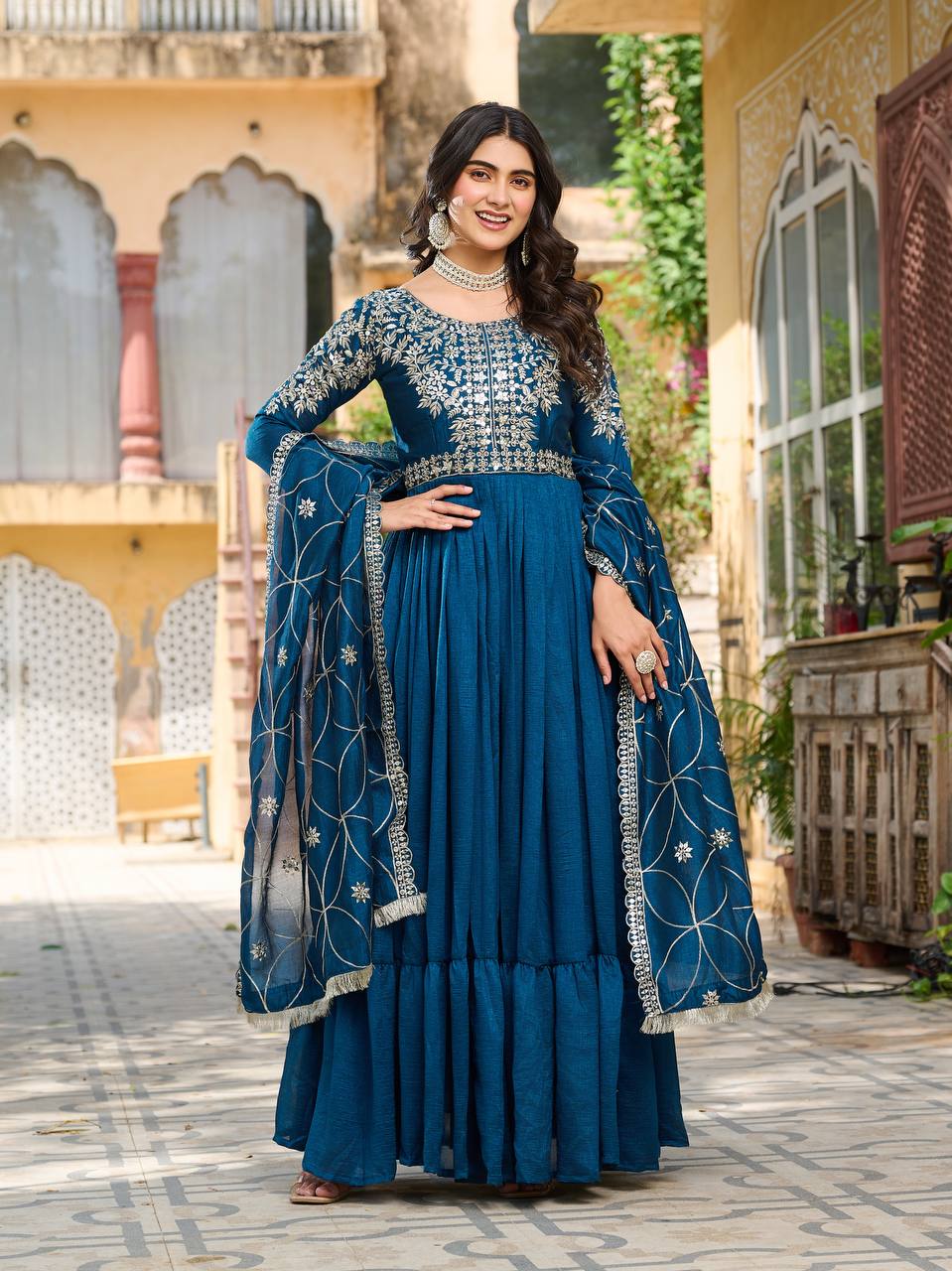 Prishaaya pure Vichitra silk Long Gown & Hevy Duptta set