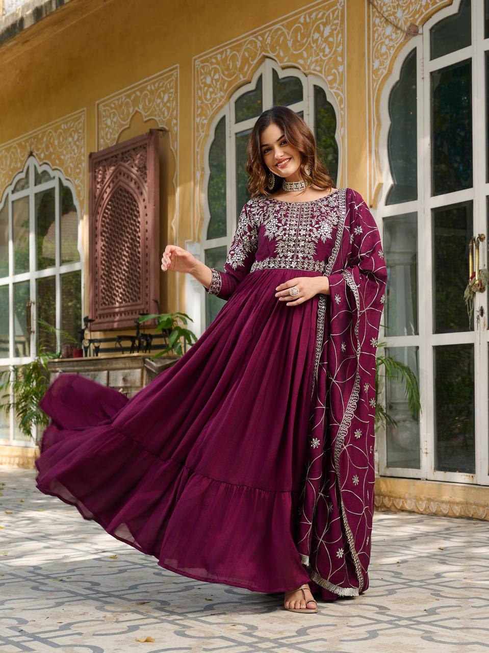 Prishaaya pure Vichitra silk Long Gown & Hevy Duptta set