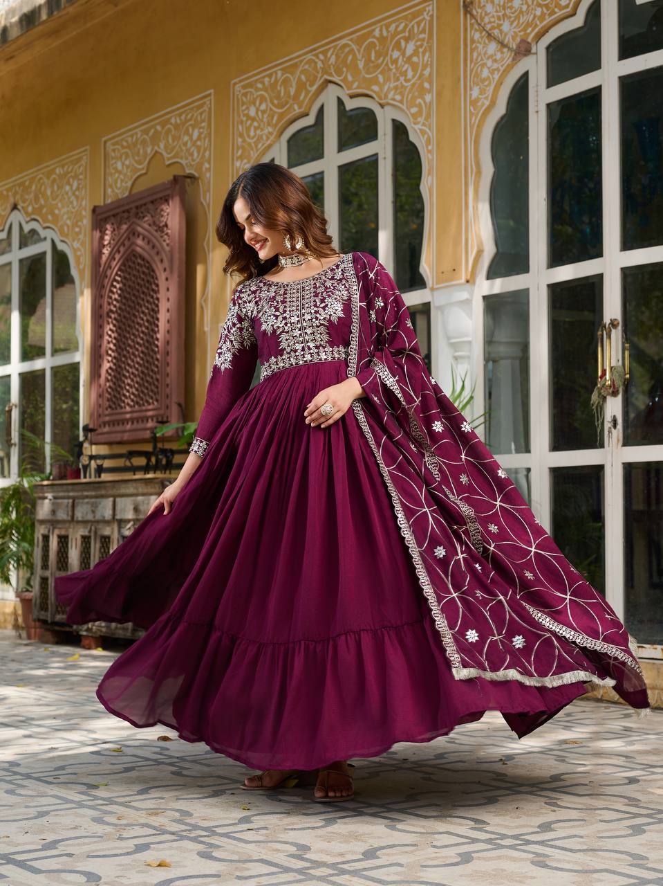 Prishaaya pure Vichitra silk Long Gown & Hevy Duptta set