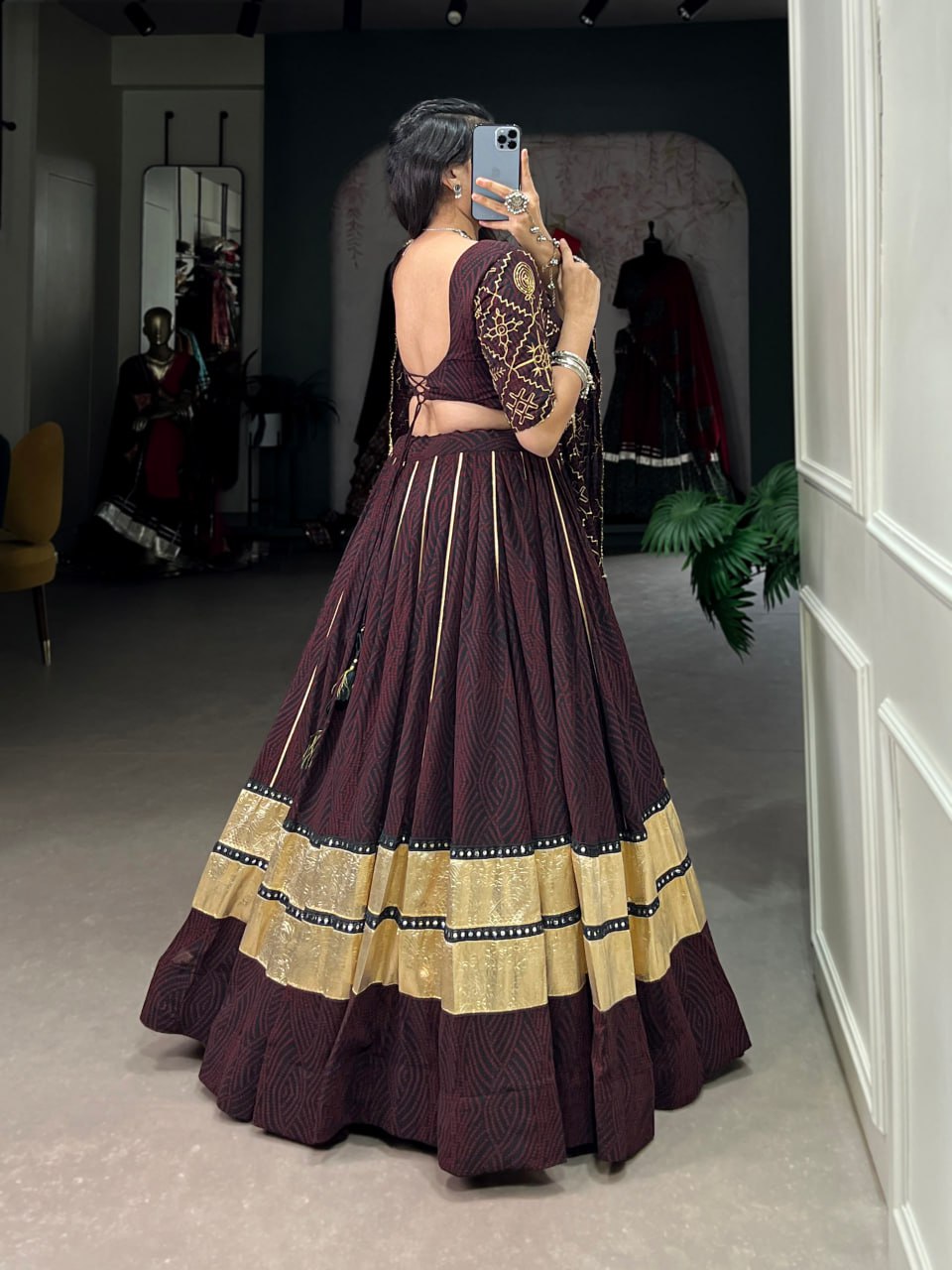 Aavya Bandhej Print With Gota Patti Deep Wine Lehenga Set
