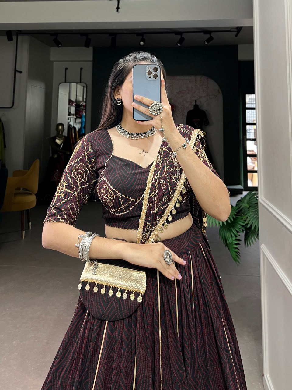 Aavya Bandhej Print With Gota Patti Deep Wine Lehenga Set