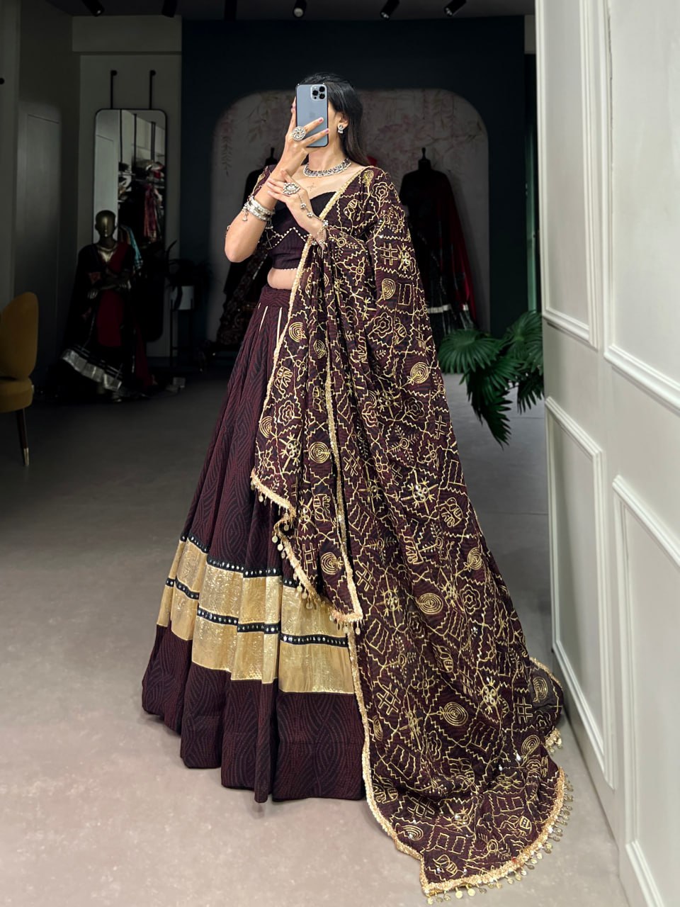 Aavya Bandhej Print With Gota Patti Deep Wine Lehenga Set