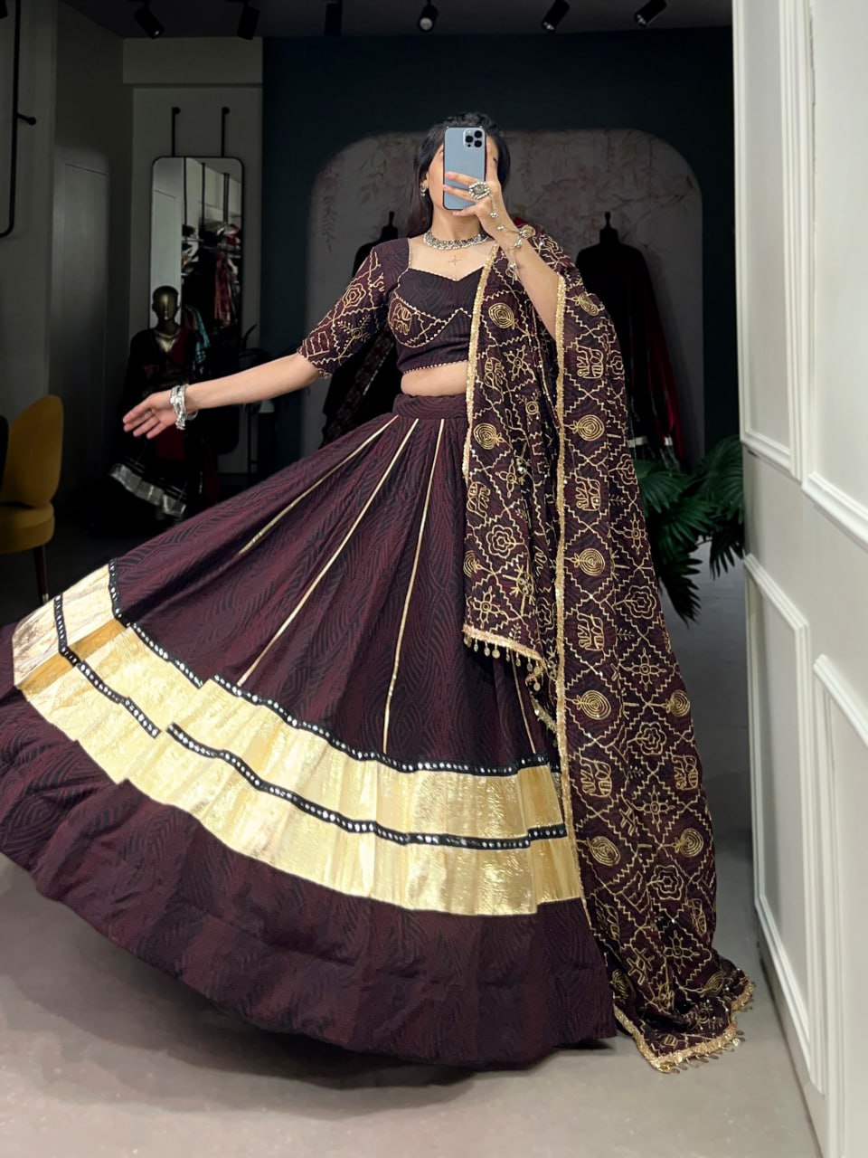 Aavya Bandhej Print With Gota Patti Deep Wine Lehenga Set