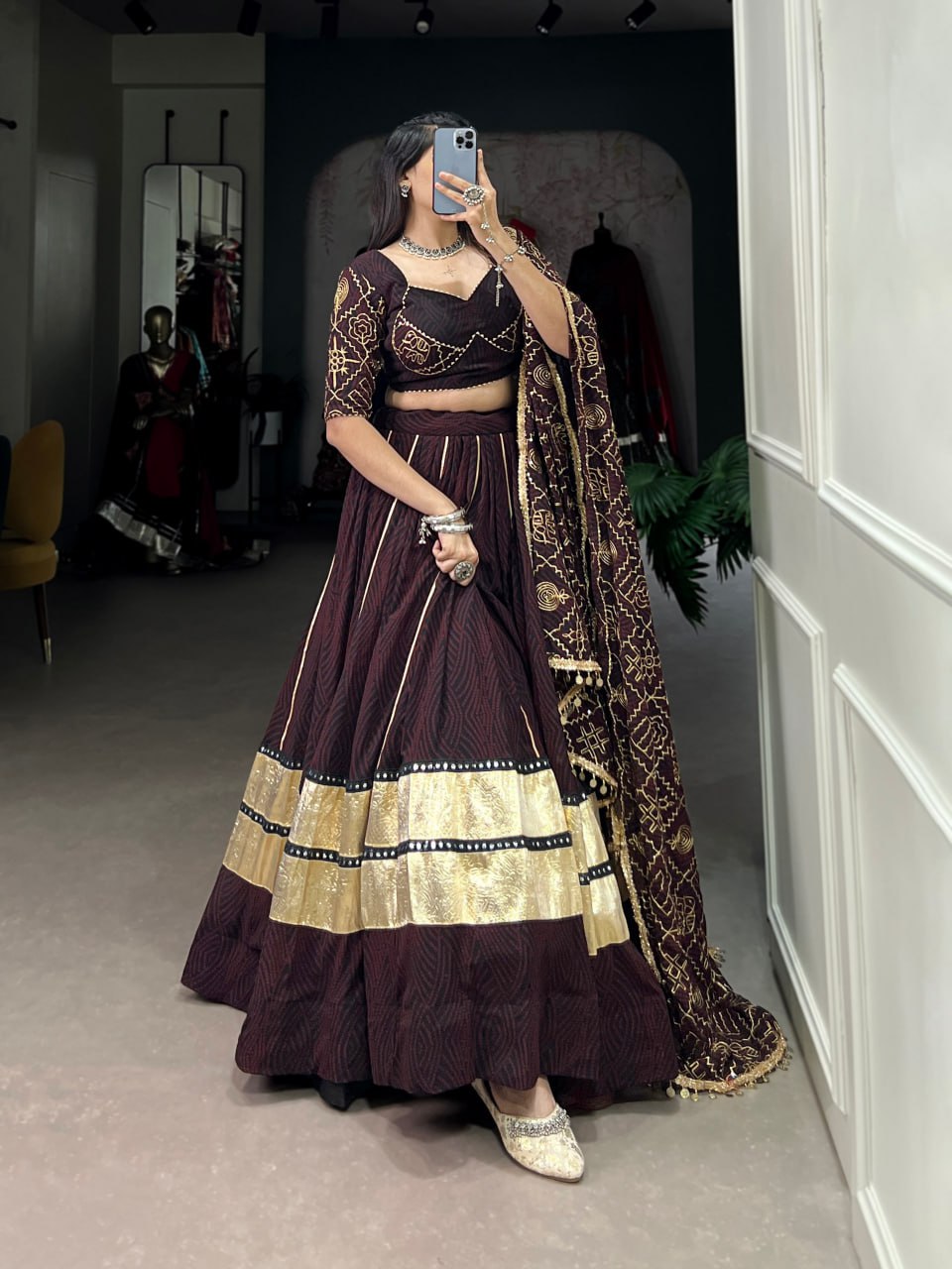 Aavya Bandhej Print With Gota Patti Deep Wine Lehenga Set