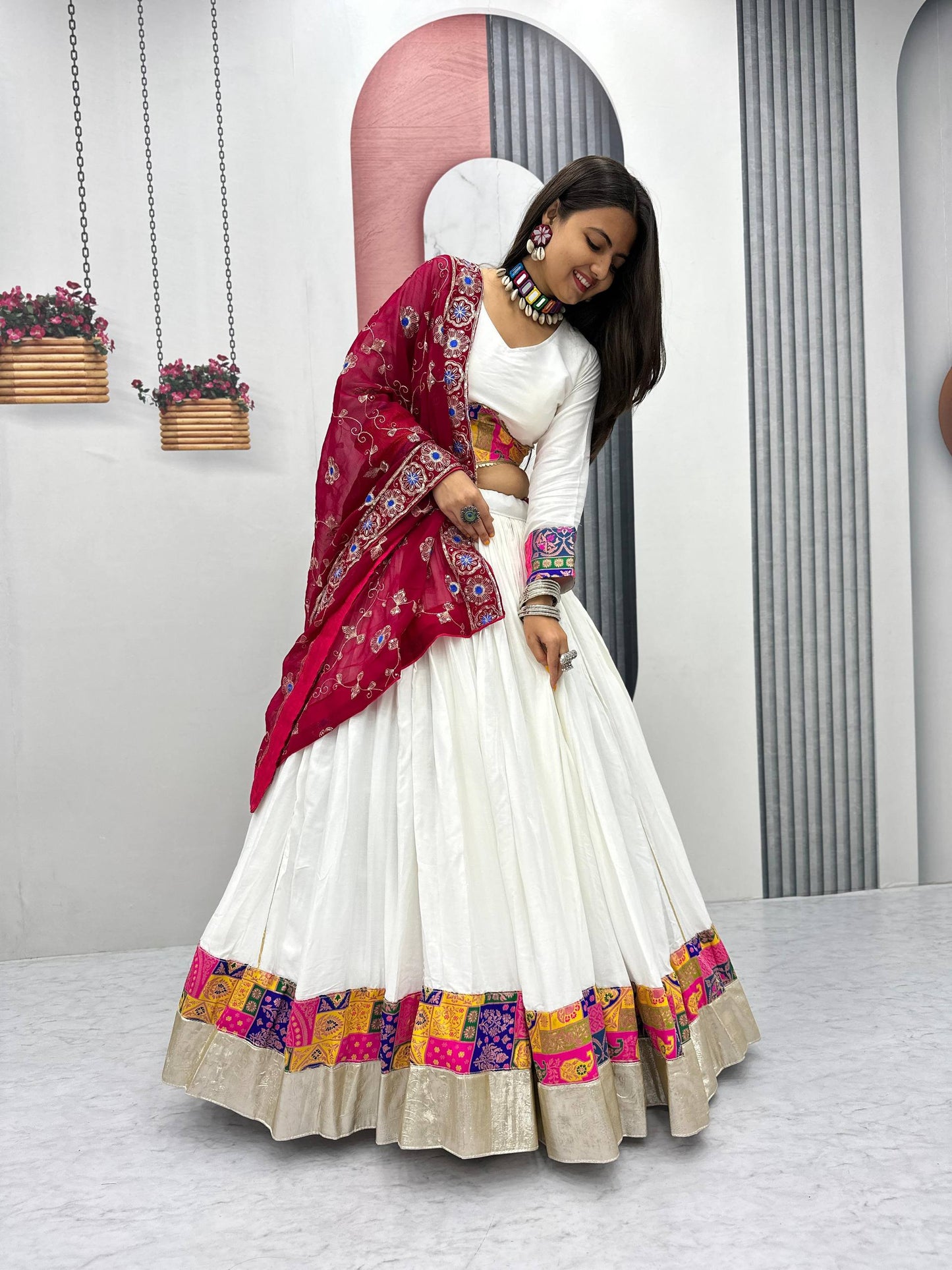Raangvati White Mirror & Patchwork Lehenga with Maroon Embroidered Dupatta