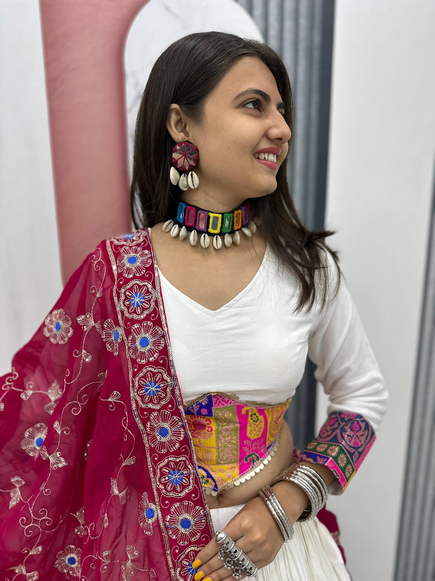 Raangvati White Mirror & Patchwork Lehenga with Maroon Embroidered Dupatta