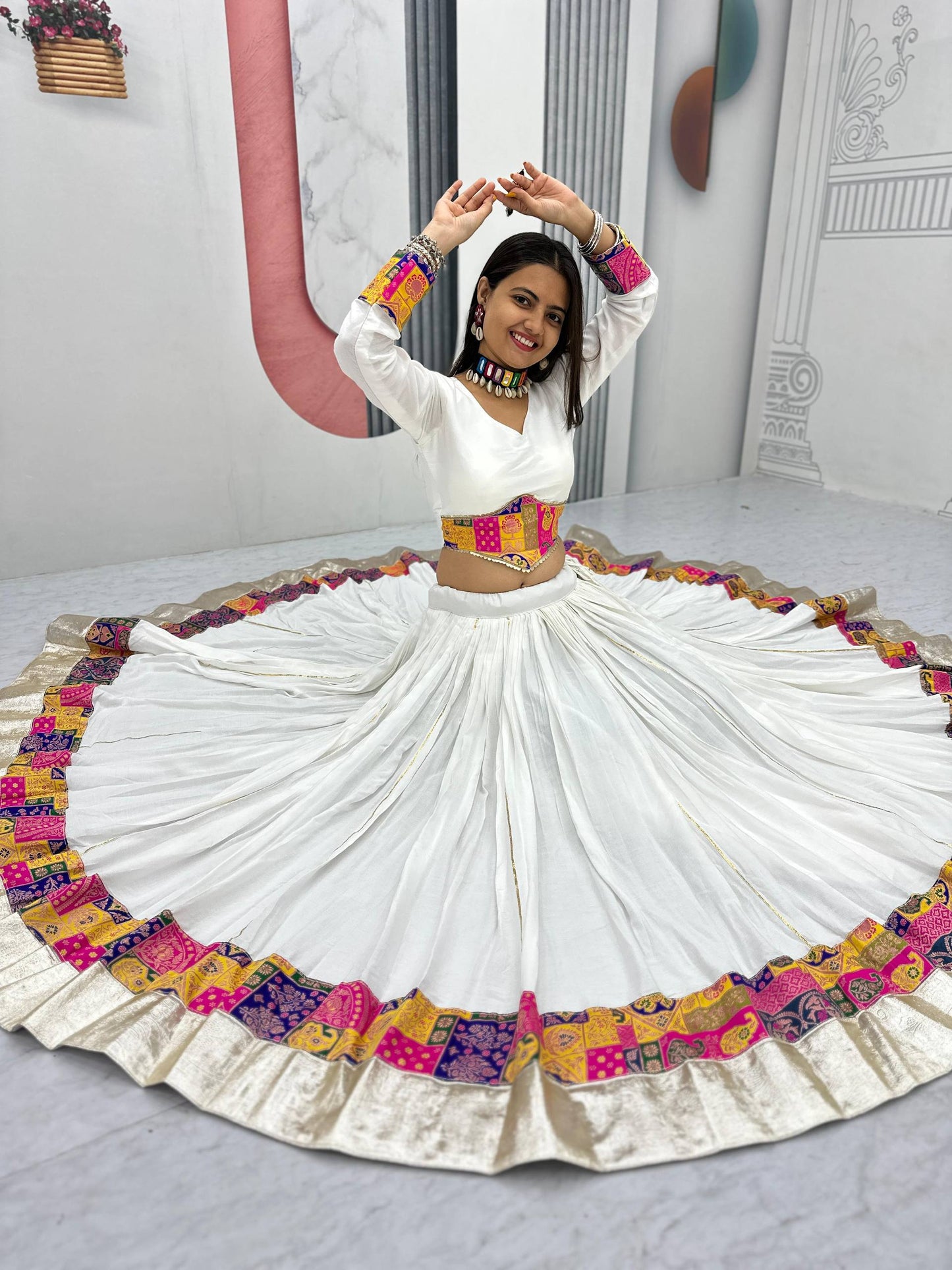 Raangvati White Mirror & Patchwork Lehenga with Maroon Embroidered Dupatta