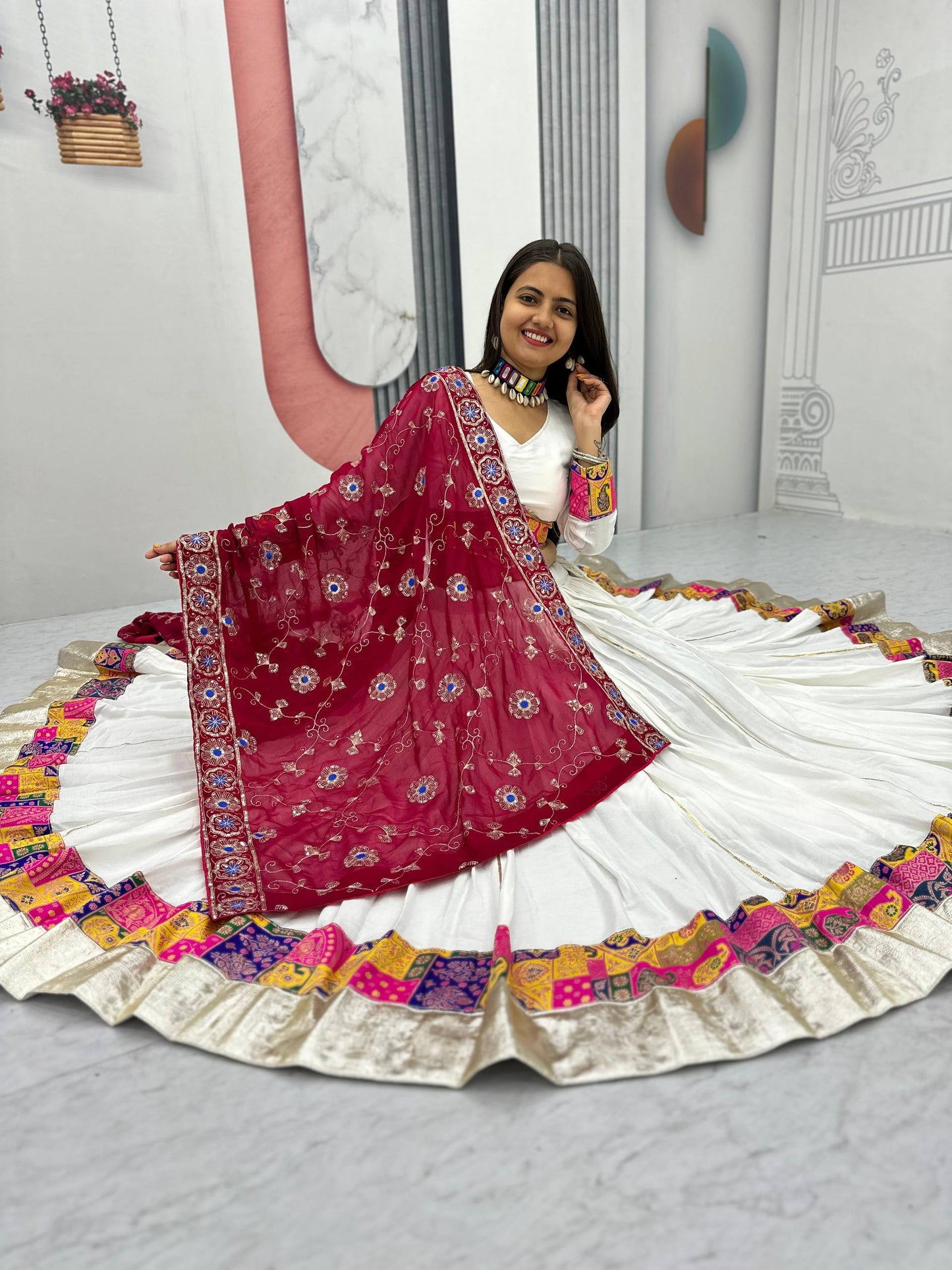 Raangvati White Mirror & Patchwork Lehenga with Maroon Embroidered Dupatta