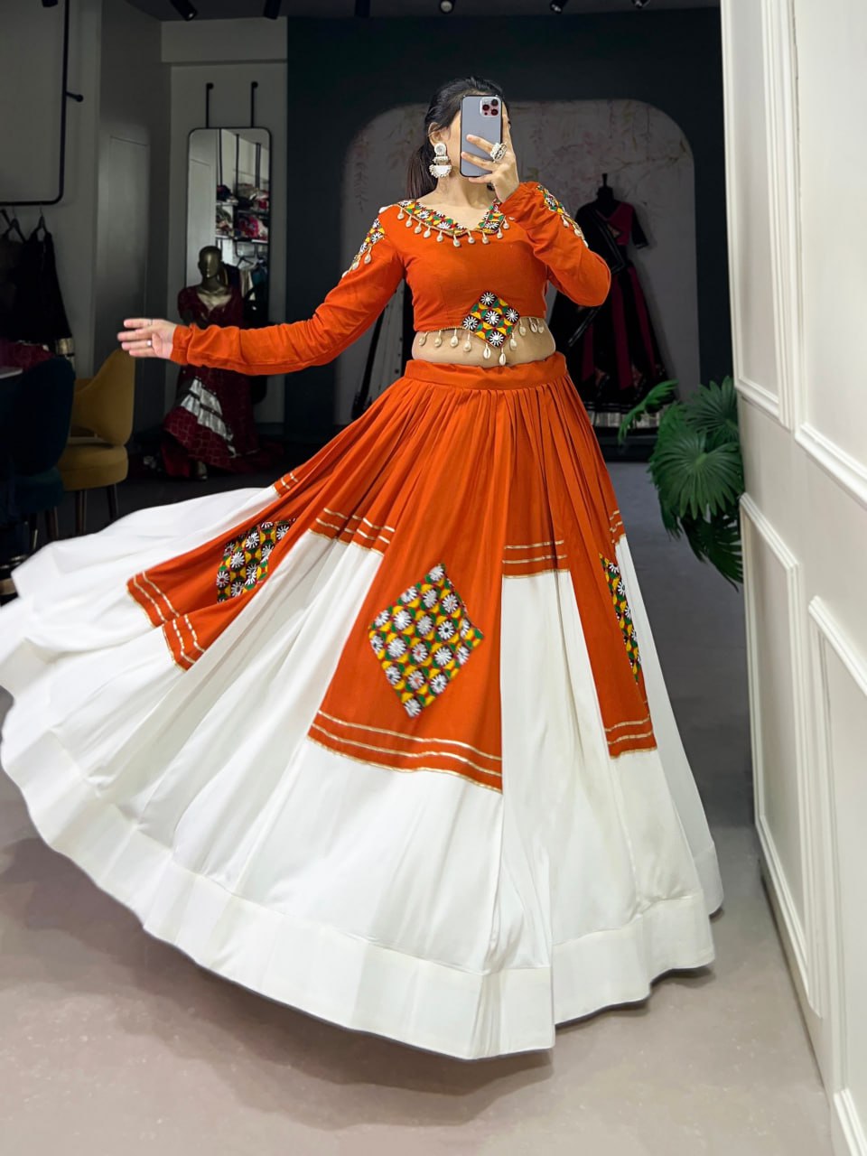 Kavya Orange & White Mirror Work and Shell Detailing Lehenga Set