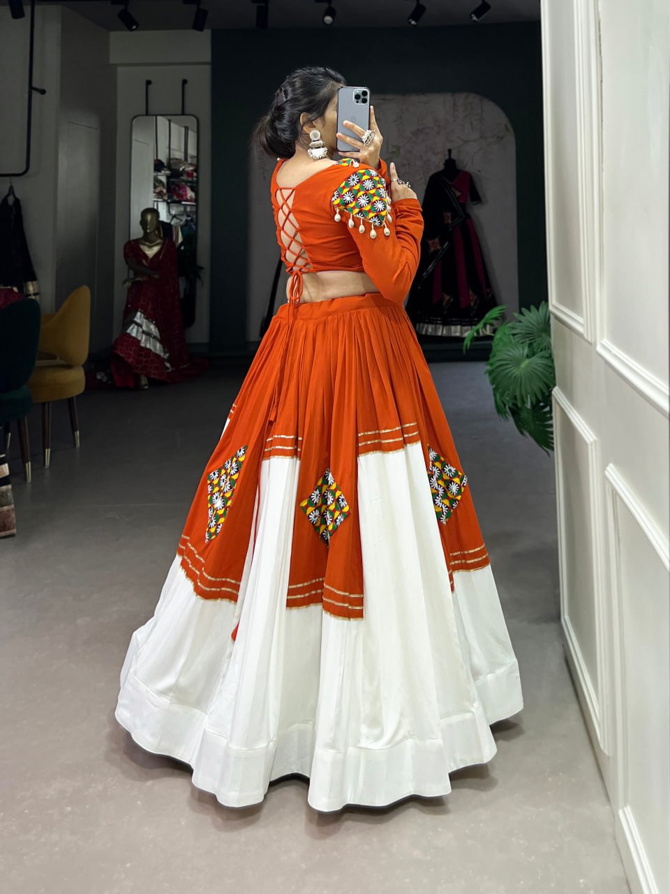 Kavya Orange & White Mirror Work and Shell Detailing Lehenga Set