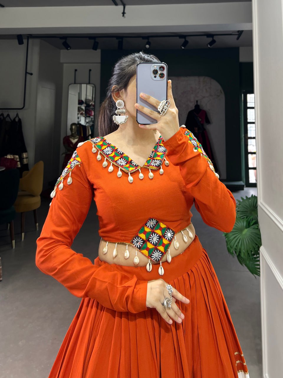 Kavya Orange & White Mirror Work and Shell Detailing Lehenga Set