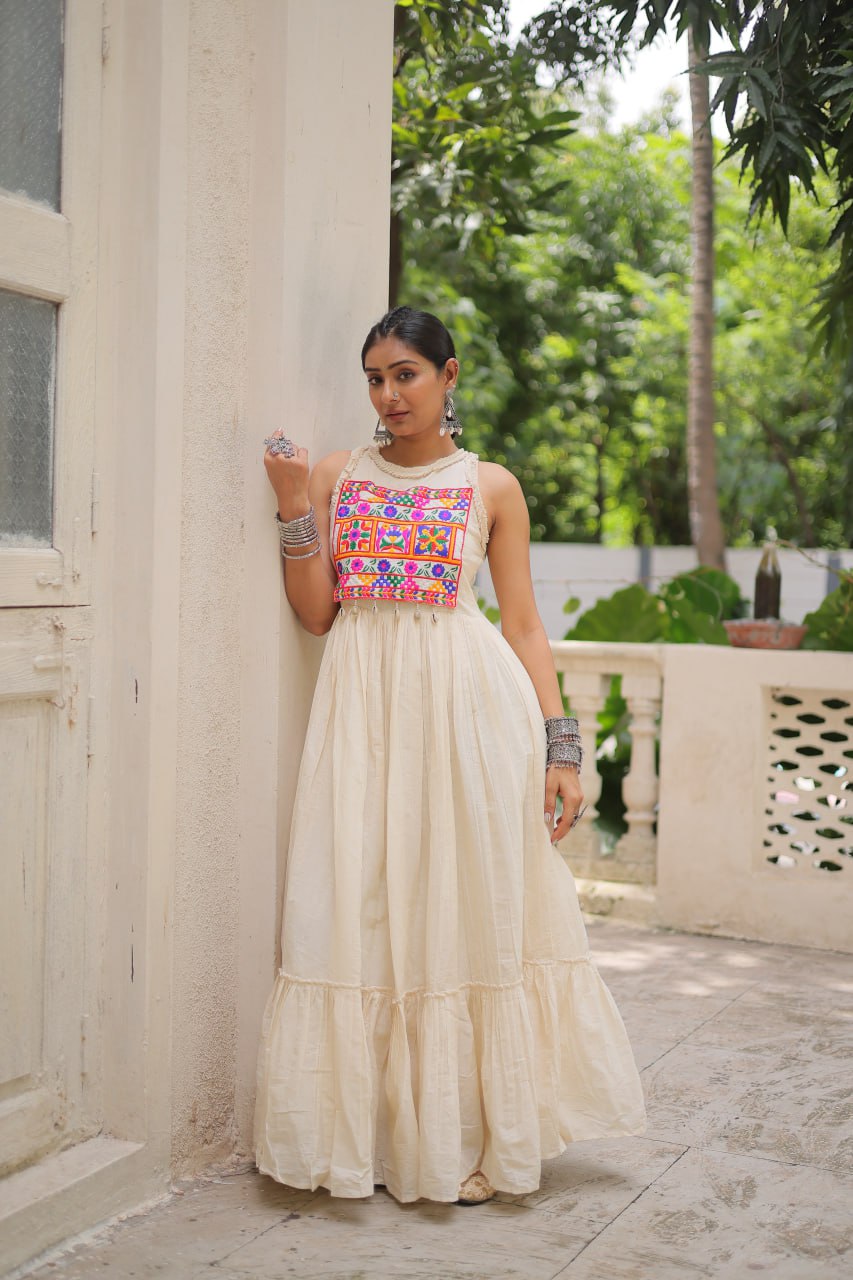 Aarzoo Off-White Kora Cotton with Multi Thread Embroidered Work Flared Dress