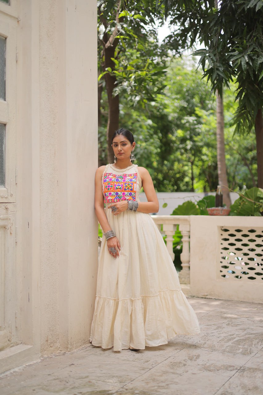 Aarzoo Off-White Kora Cotton with Multi Thread Embroidered Work Flared Dress